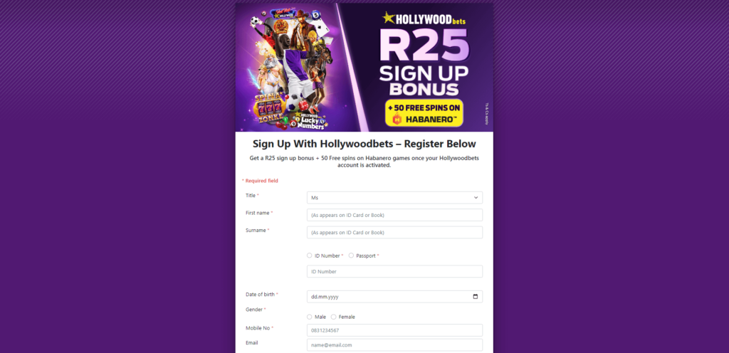 Hollywoodbets Casino registration form