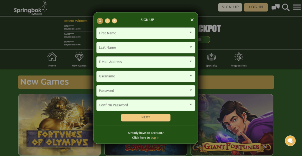 Springbok Casino registration method