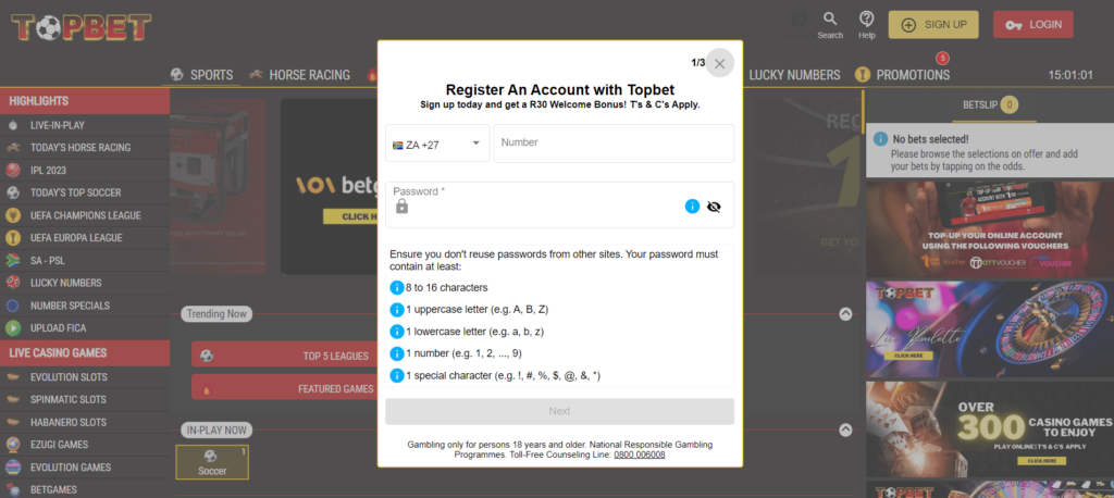 Topbet registration form