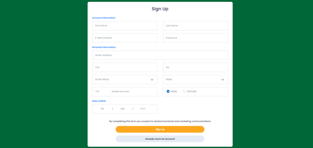 Yebo casino registration form