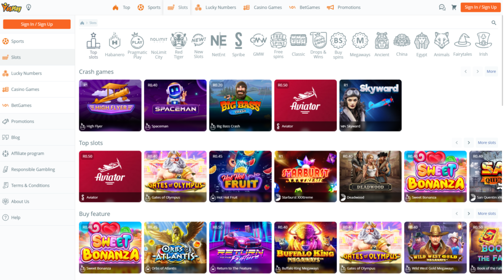Overview of the slot games available on Yesplay