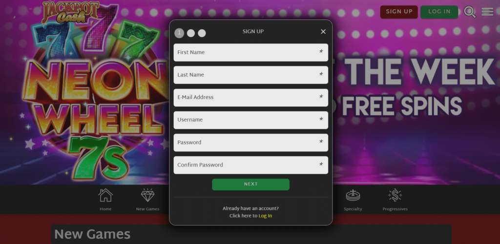 Jackpot Cash Casino register form