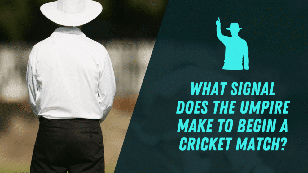 What signal does the umpire make to begin a cricket match?