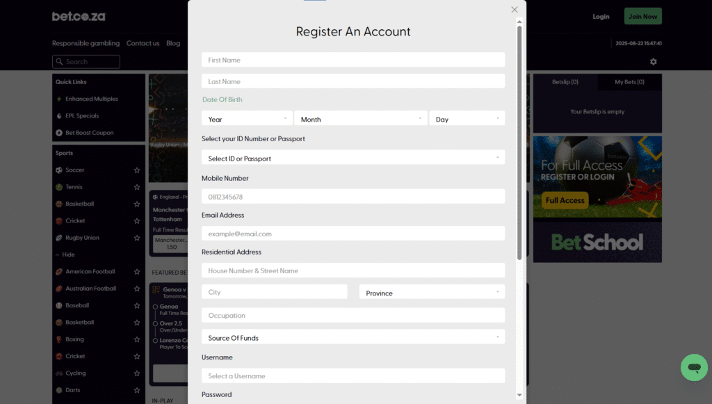 Step-by-step guide for the registration process in Bet.co.za South Africa